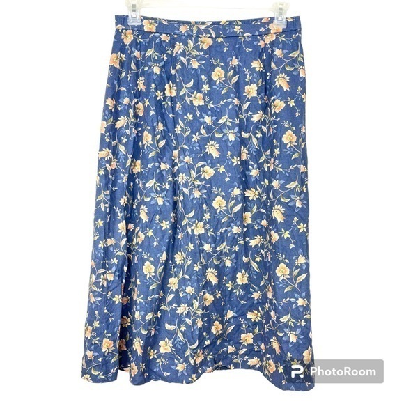 Pendleton Plus Blue Feminine Floral Modest Linen Blend Vintage 90s Midi Skirt 14 - Picture 1 of 11